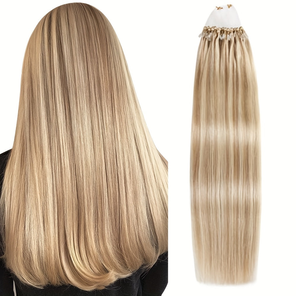 50 Strands of DNE Hair Microlink Human Hair Extensions Ranging from 14 to 24 Inches in Light Brown And Blonde, Featuring Straight Hair with Cold Fusion Micro Loop Invisible Seamless Bead Extensions Designed for Women. Made fr
