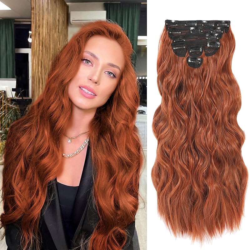 Clip in Hair Extensions for Women 20 Inch Long Wavy Curly Ginger Orange Hairpieces Full Head Synthetic Hair Hairpieces