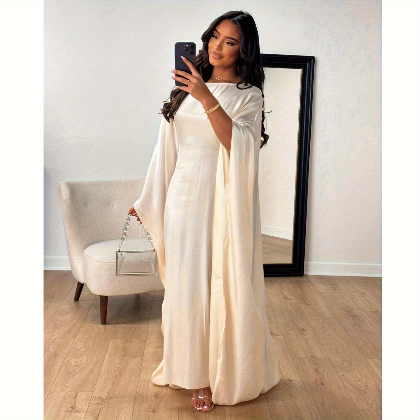 Women's Elegant Satin-Like Abaya Robe - Loose Fit Long Sleeve Breathable Muslim Dress with Middle Eastern-Inspired Design, Non-Stretch Fabric & Luxury Accessory Inclusion for Parties