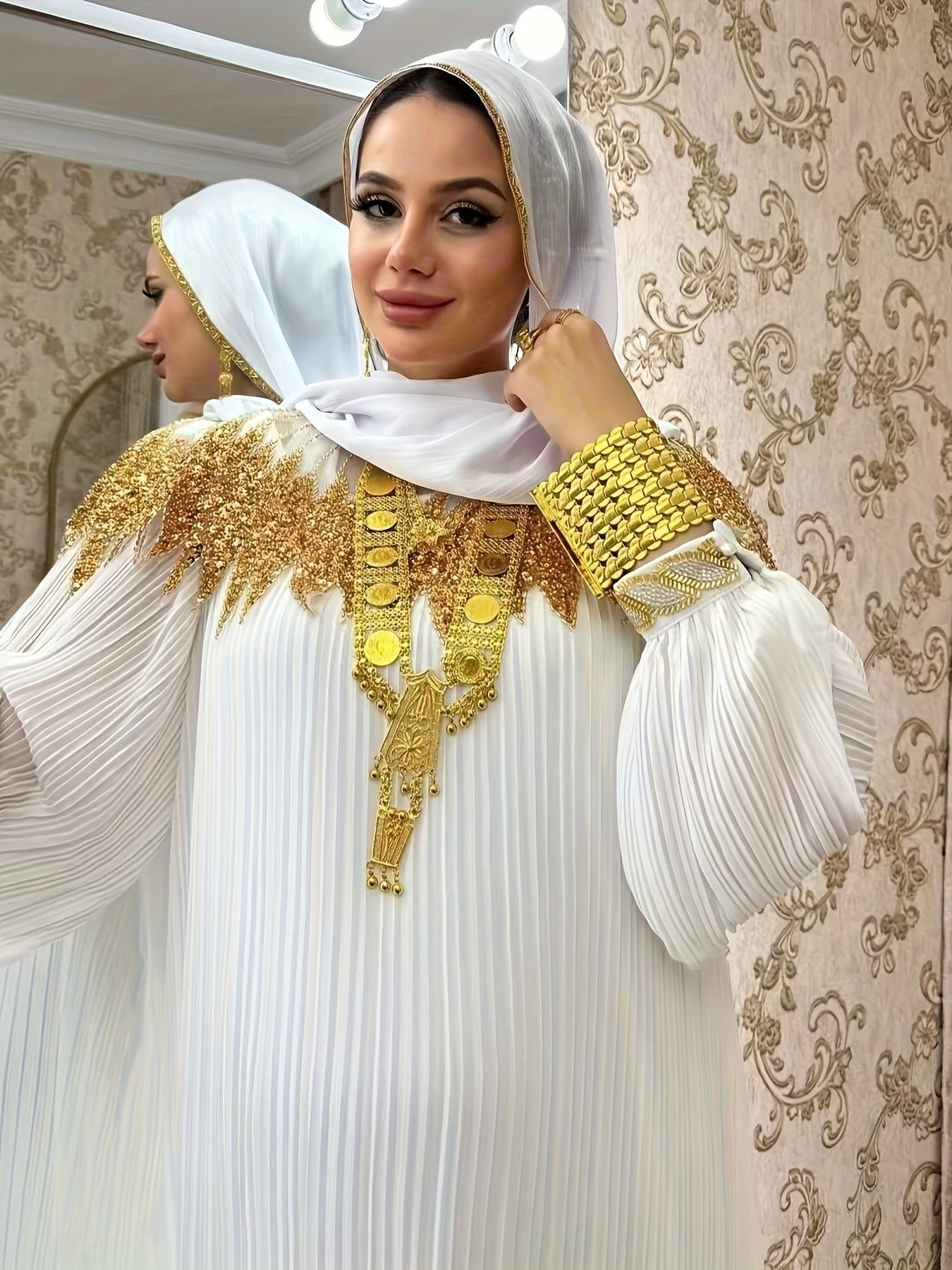 Elegant Black Sequin Gown with Golden Embellishments, Long Sleeves, and Asymmetrical Hem - Loose Fit Modern Abaya, Polyester, Perfect for Parties and Formal Events, Formal Event Attire