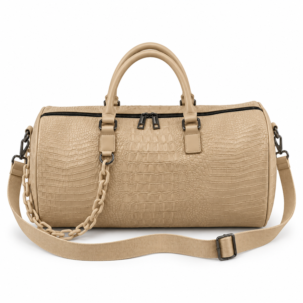 Beige Crocodile Embossed Leather Duffel Bag