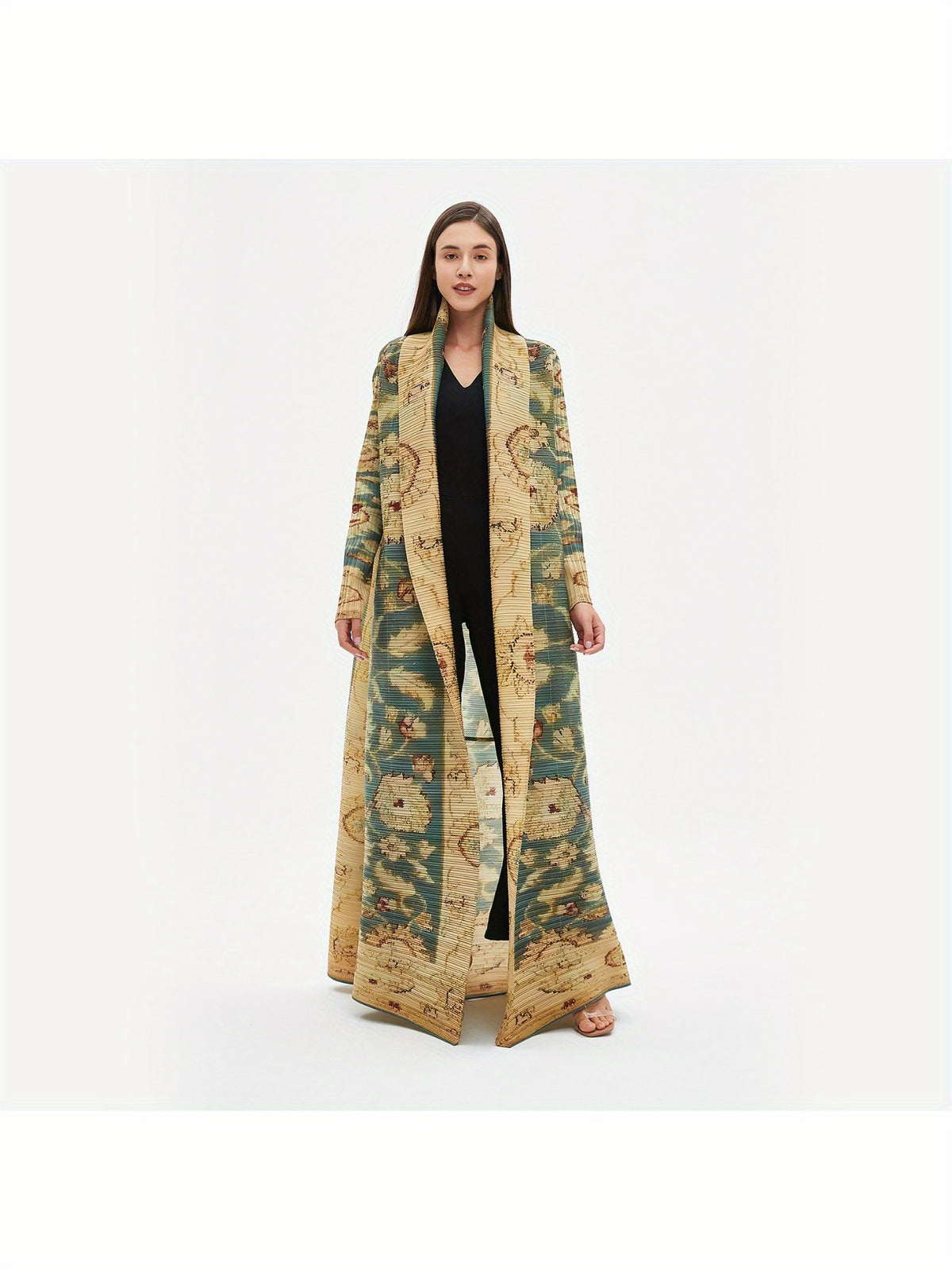 Women's Plus-Size Long Robe - Vintage Geometric Print High Elasticity Robe Abaya with Adjustable Waist Tie Belt, Loose Fit Casual & Festive Wear, Machine Washable All-Season Traditional Robe