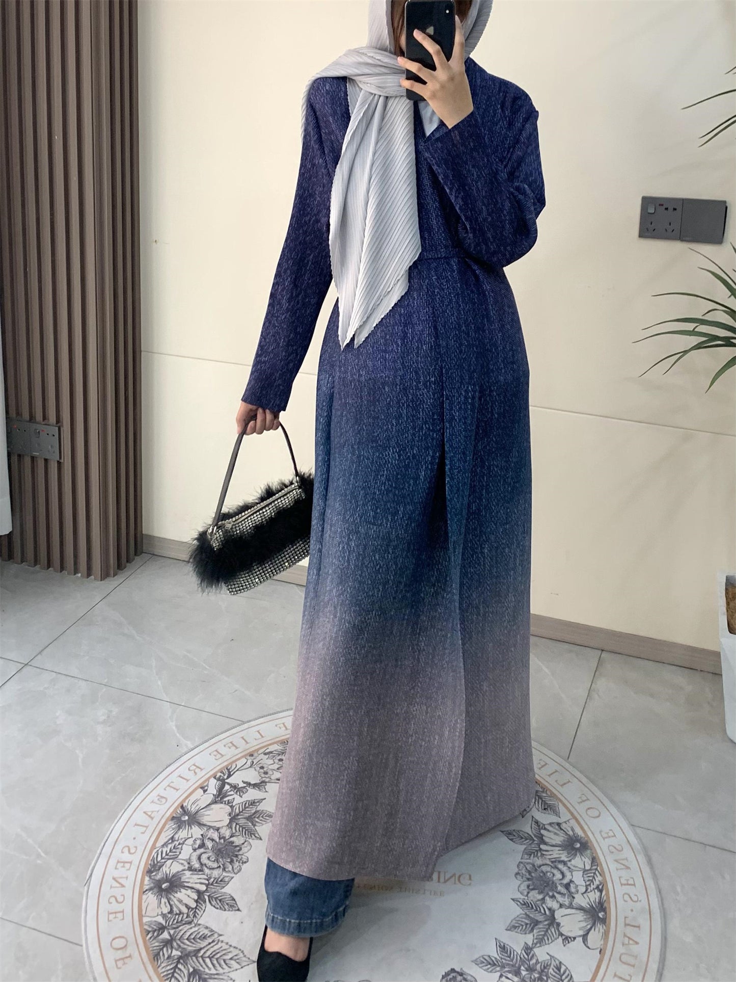 Miyake Women's Arab Noble Style Abaya Robe - High Stretch Pleated Long Sleeve Cloak with Adjustable Waist Belt, Geometric Print Ombre Blue to Grey, Machine Washable Lightweight Luxury for Eid