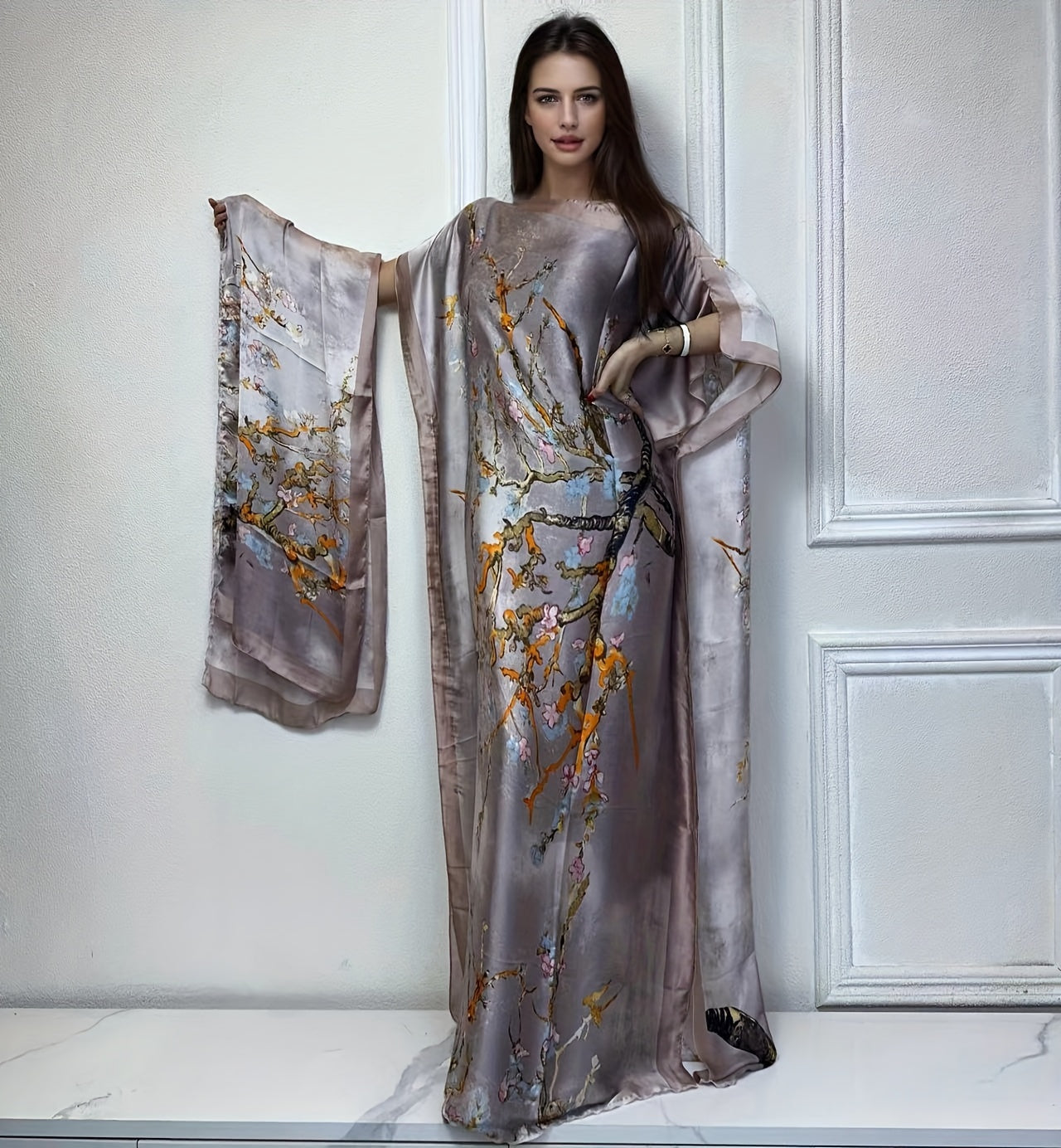 Tree Print Crew Neck Kaftan Abaya, Elegant Batwing Sleeve Loose Fit Maxi Dress With A Hijab, Women's Clothing