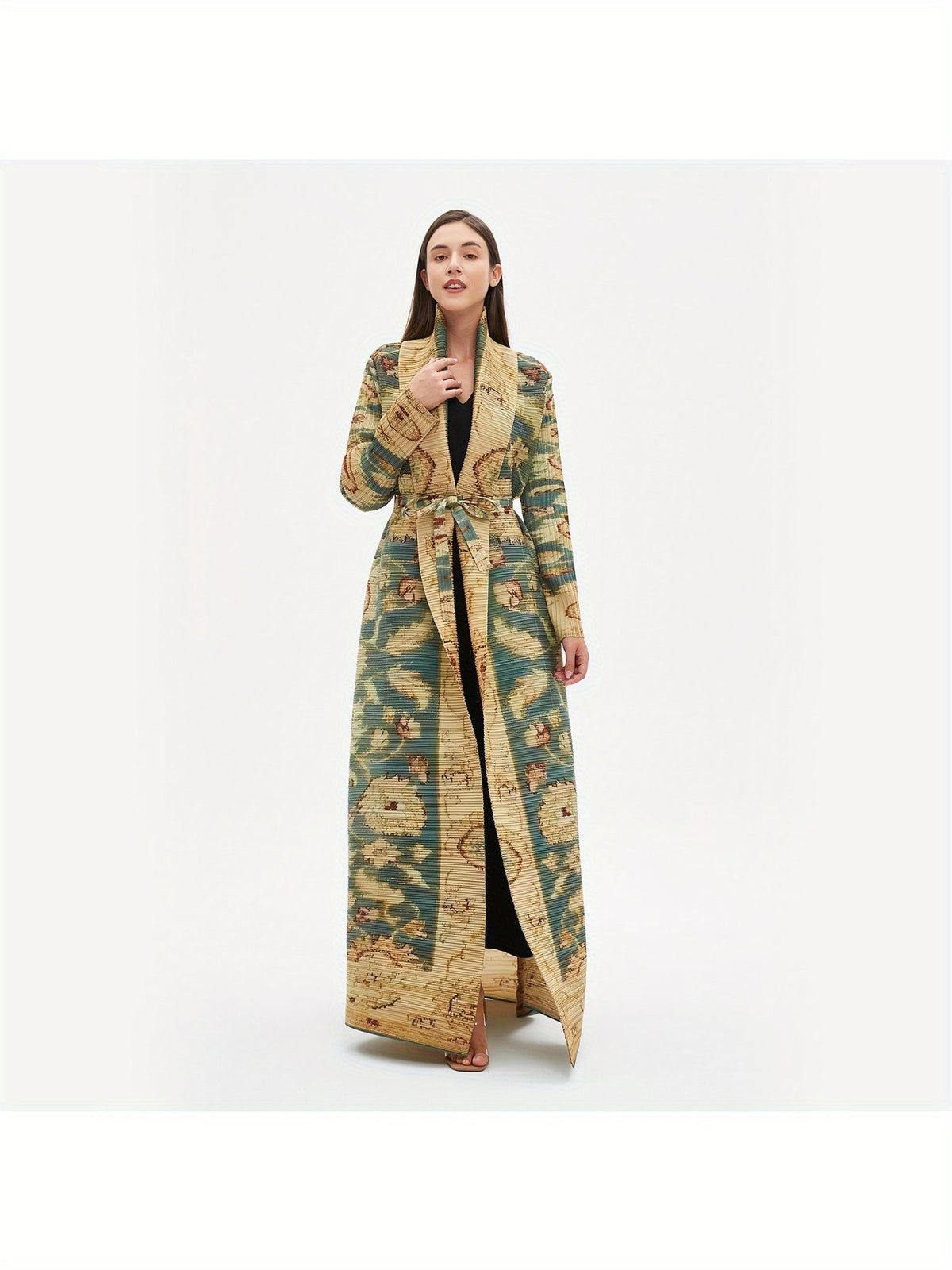 Women's Plus-Size Long Robe - Vintage Geometric Print High Elasticity Robe Abaya with Adjustable Waist Tie Belt, Loose Fit Casual & Festive Wear, Machine Washable All-Season Traditional Robe