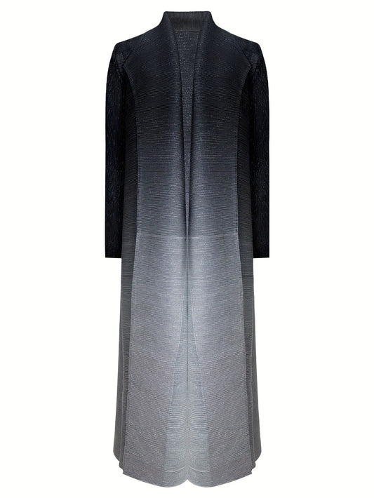 Elegant Black to Gray Gradient Pleated Long Trench Coat - Stylish Open Front Abaya with Belt, Stretchy Medium-Large Fit for Women, Perfect for Casual or Formal Occasions