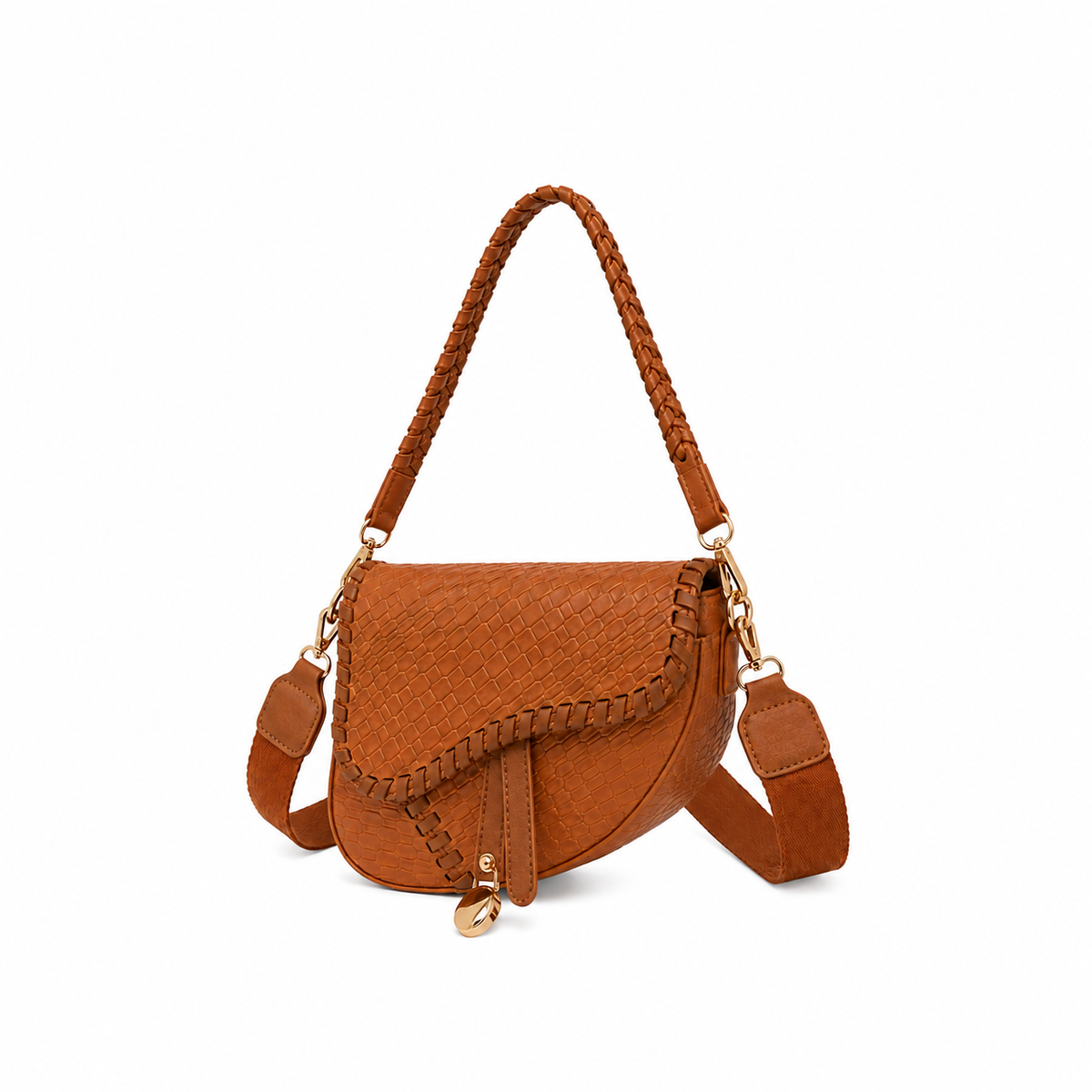 Cognac Woven Leather Braided Saddle Bag