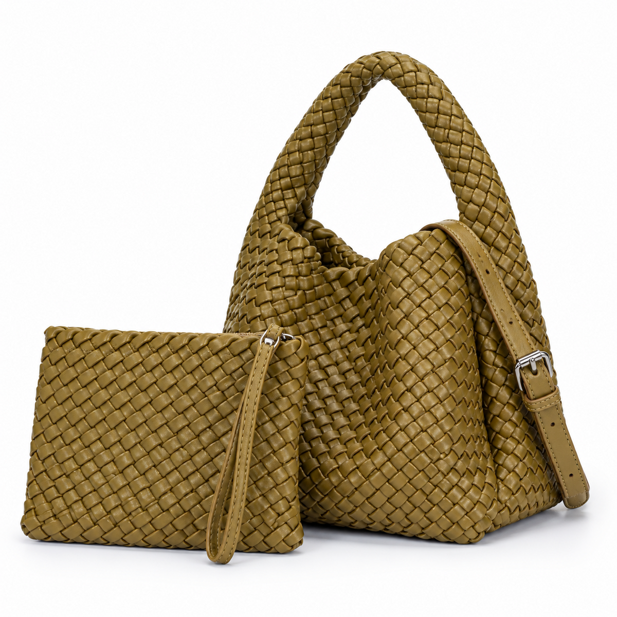 Olive Green Woven Hobo Bag With Pouch
