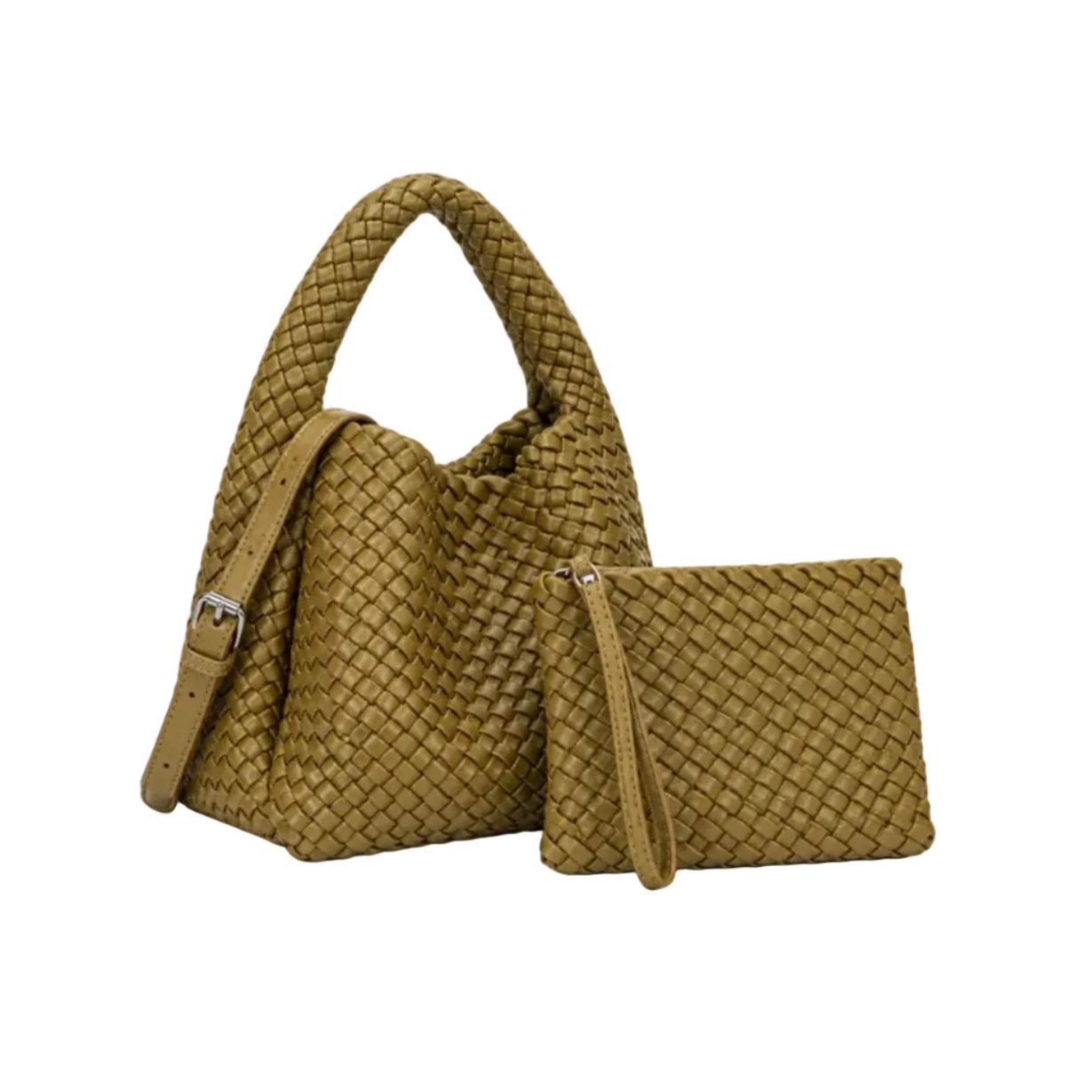 Olive Green Woven Hobo Bag With Pouch