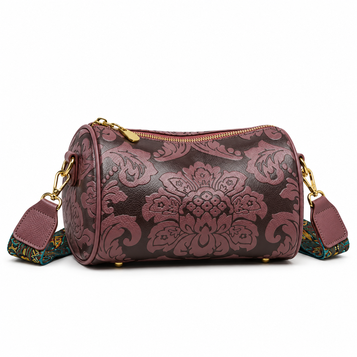 Vintage Floral Damask Barrel Crossbody Bag