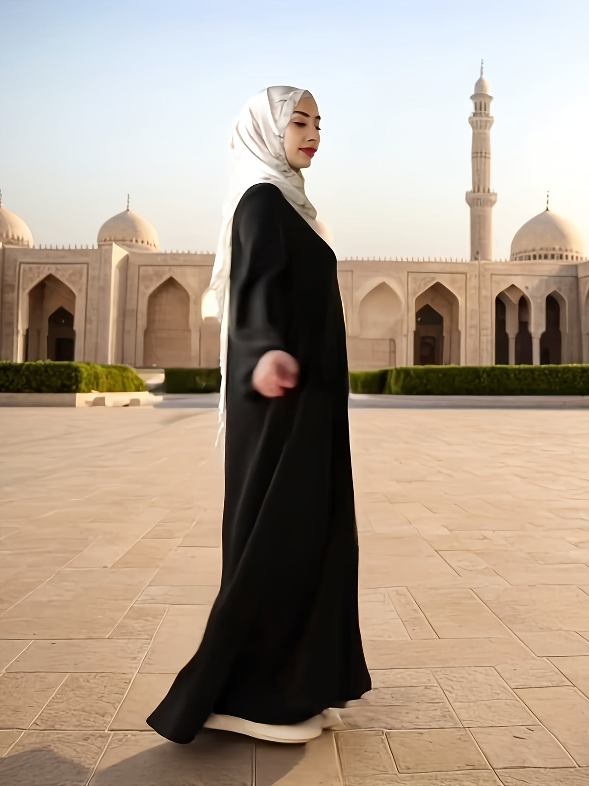 1 Luxury Satin Modest Jibab Abaya Set for Women, 4pcs Muslim Female Ramadan Prayer Dress, Long Robe, Elegant Open Breathable Abaya, Top, Pants and Matching Headscarf, Middle Eastern Arabic Malaysia Islamic Women, Eid al-Adha Gift R