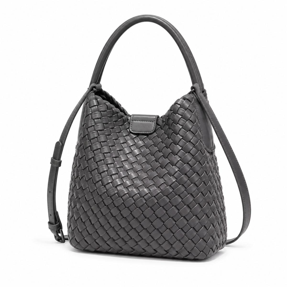 Elegant Grey Woven Bucket Shoulder Bag