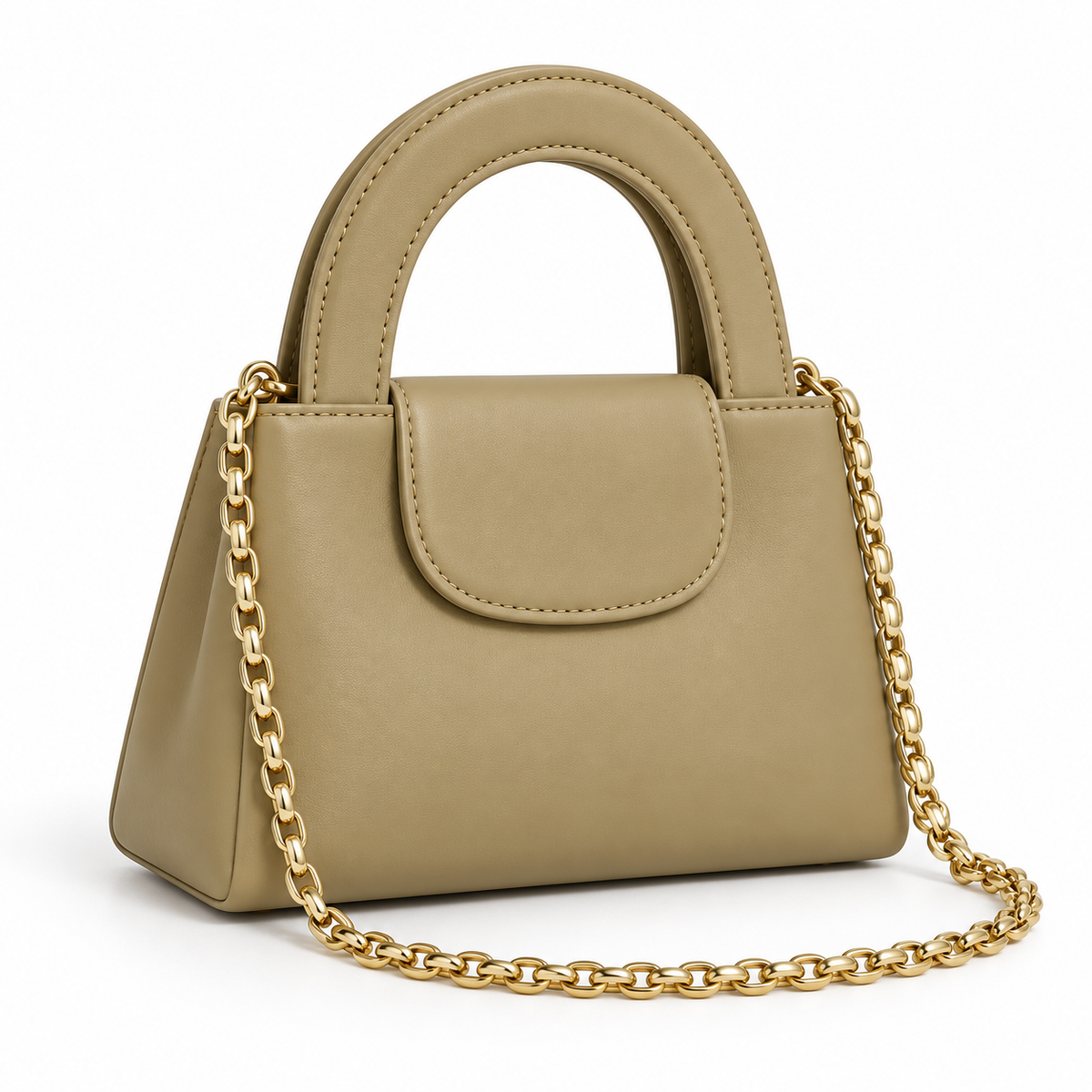 Khaki Vegan Leather Chain Handle Handbag
