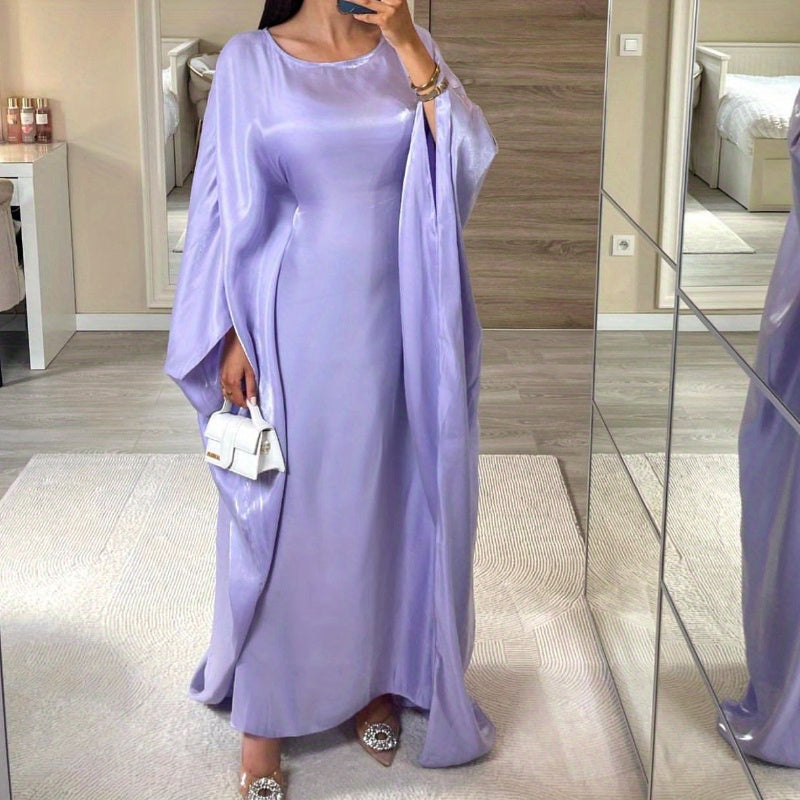 Plus Size, Women's Elegant Lavender Turkish Abaya Robe - Long Sleeve Floor-Length Party Dress with Princess Sleeves, Slim Fit All-Season Modest Gown for Dubai Events, Weddings