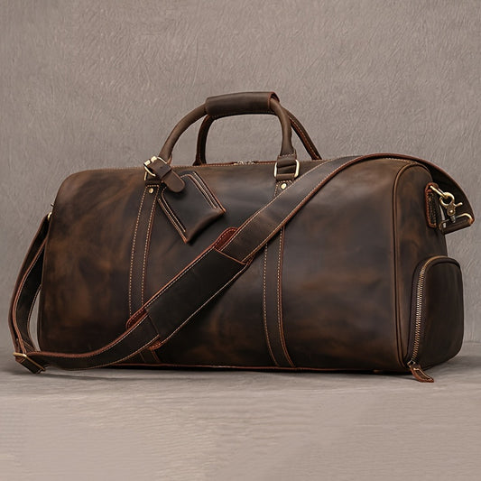Real Leather Cowhide Duffel Travel Bag with Shoe Compartment - Crazy Horse Leather Handbag Tote Bag for Christmas Vacation Luggage