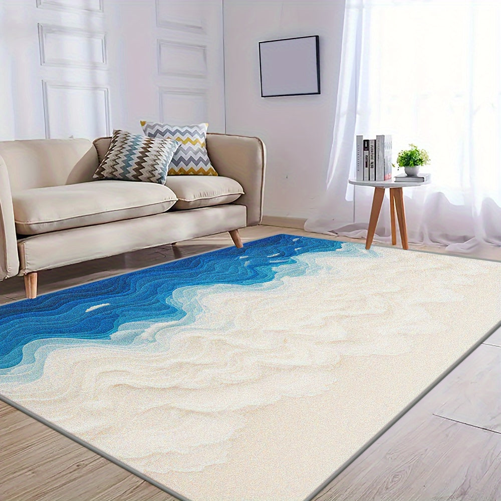 This Is a Large Floor Mat Designed with a Beautiful Seawater Beach Pattern, Featuring a Easy Style And Exquisite Hemming. It Is Made of Faux Cashmere with a Weight of 1200G Per Square Meter And a Thickness of 8.6Mm. The Rug I