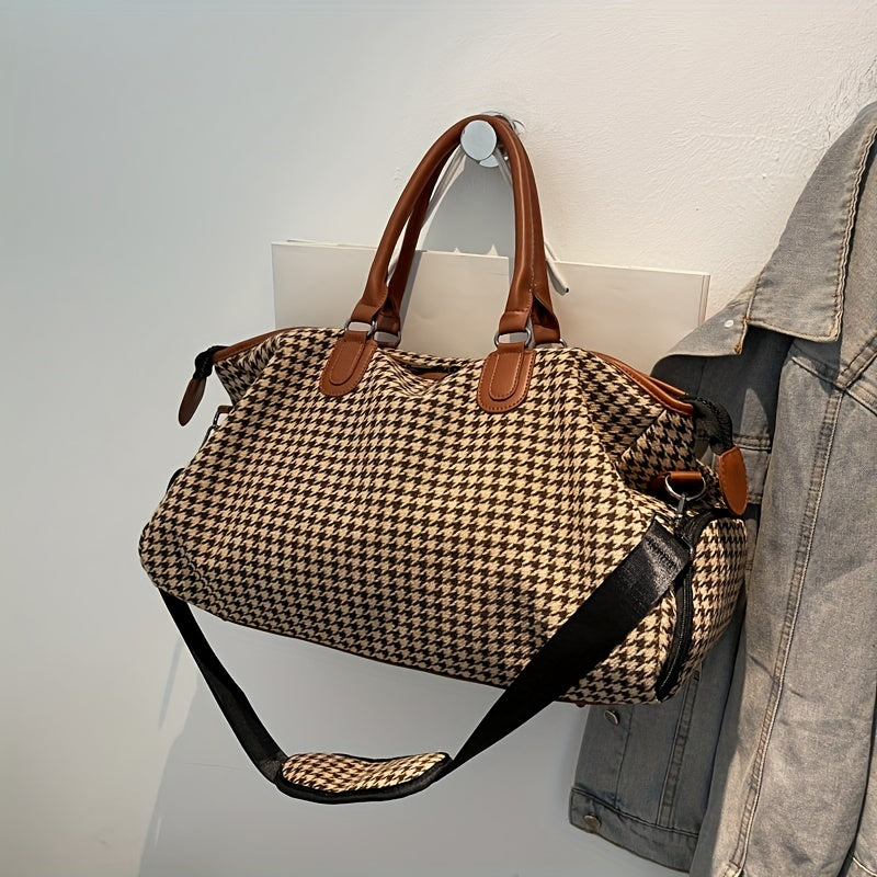 Large Capacity Houndstooth Pattern Sports Bag, Versatile Travel Duffel Luggage Handbag, Trendy Overnight Bag