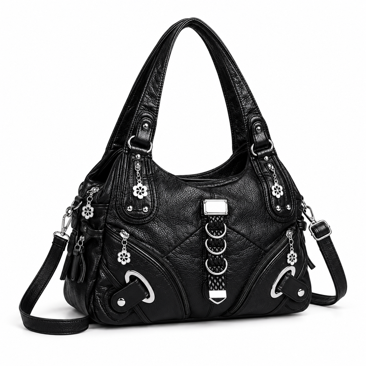 Black Crossbody Bag With Silver Accents