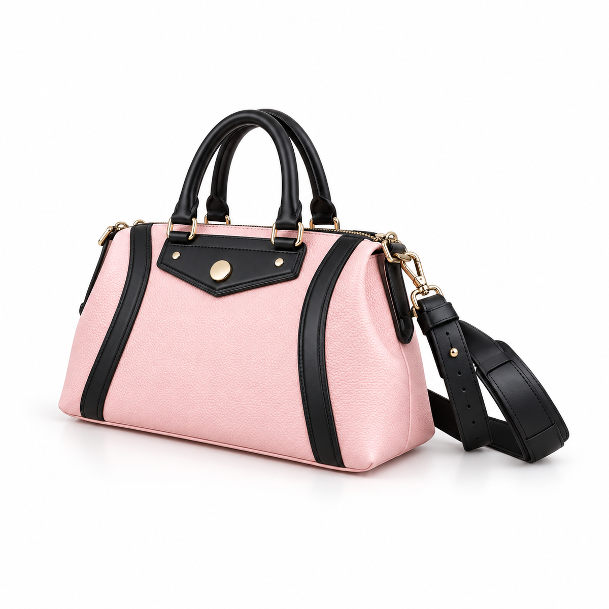 Pink Textured Handbag With Black Trim