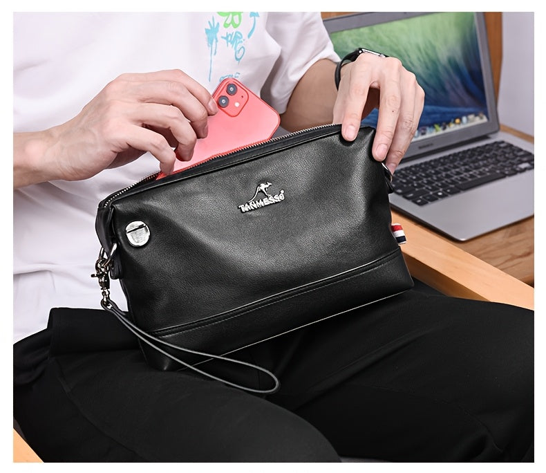 Genuine Leather Men's Crossbody Bag - Adjustable Shoulder Strap, Snap Closure, Soft Cowhide Vintage Style Black Casual Business Backpack for Everyday Use