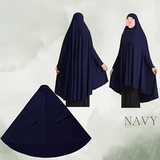 Women's Navy Blue Sleeveless Robe-Style Headscarf - Classic Loose Fit Breathable Jibab Abaya, Machine Washable Versatile Cover-Up for Casual & Formal Outings, Hijab Accessories, Modest Apparel, Decorative Pin Feature, Smooth Texture