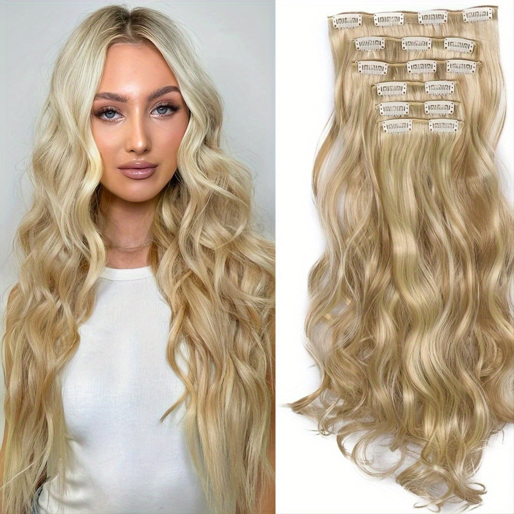 6pcs Heat Resistant 22" Clip-In Hair Extensions Suitable for Women - Body Wave Synthetic Hair with /Blonde Balayage ( & Honey Blonde), Double Weft for Volume, Clip-In Extensions for added Length/Waves, Easy Application