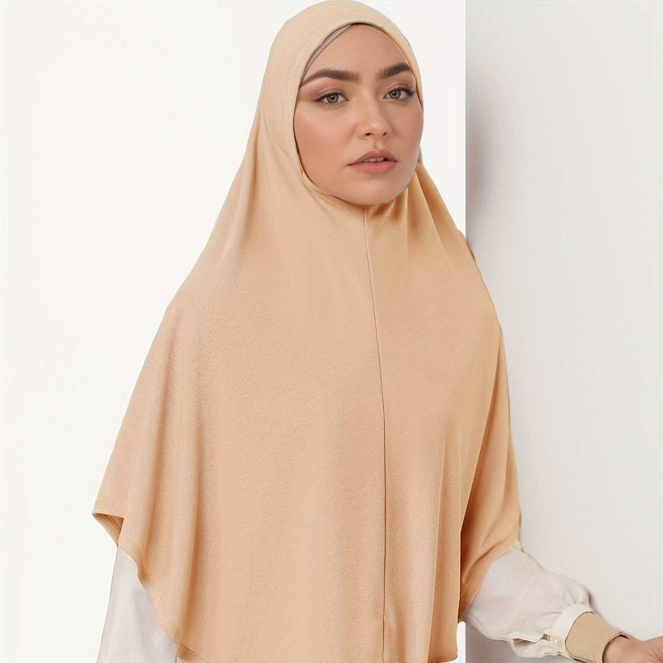 2pcs/set Breathable Polyester Women's Convenient Wearable Instant Muslim Hijab Khimar Abaya | Adjustable Drawstring, Turban Hat Style for Easy Prayer & Worship, Hand Wash or Dry Clean, Beige
