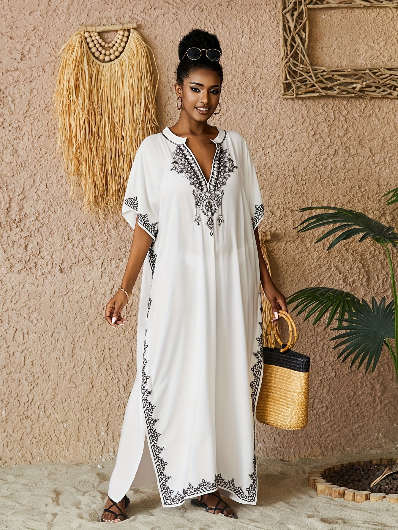 Batwing Sleeve House Kaftan Dress | Embroidery Batwing Sleeve House Kaftan Dress