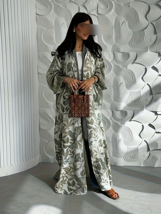 Elegant Floral Print Abaya - Lightweight Summer Modest Long Tunic with Open Front, Brown & White Design, Perfect for Casual or Formal Occasions, Casual Wear Abaya | Floral Abaya