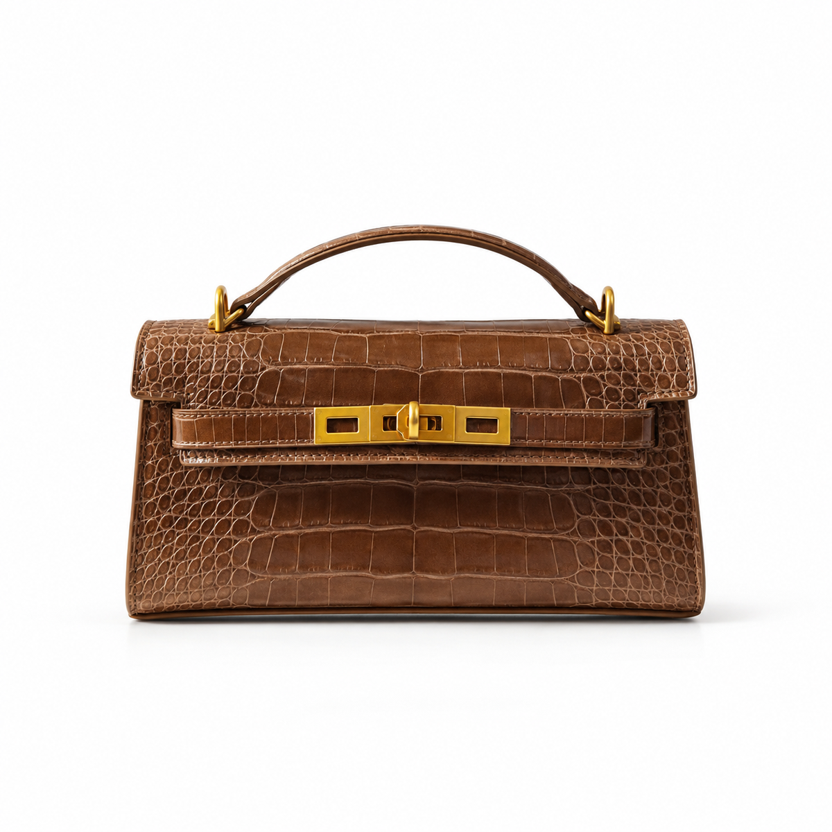Crocodile Embossed Structured Brown Top Handle