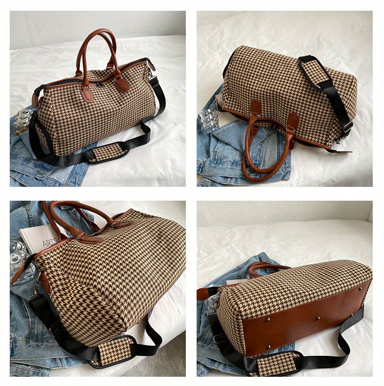 Large Capacity Houndstooth Pattern Sports Bag, Versatile Travel Duffel Luggage Handbag, Trendy Overnight Bag