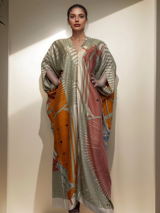 Abstract Print V-neck Kaftan Dress - Vintage Batwing Sleeve Loose Maxi Cover Up Dress - Women's Clothing - Flowy & Comfortable - Perfect for Beach Vacations, Loungewear & Casual Occasions - Ideal Gift for Women