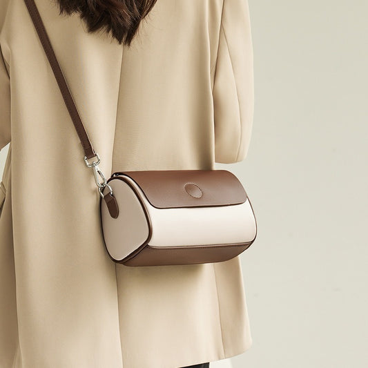 Women's Retro Genuine Leather Crossbody Bag - Two-Tone Brown & Design, Versatile Solid Color Handbag