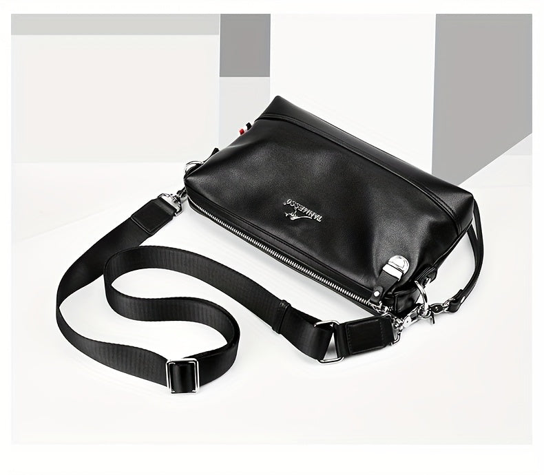 Genuine Leather Men's Crossbody Bag - Adjustable Shoulder Strap, Snap Closure, Soft Cowhide Vintage Style Black Casual Business Backpack for Everyday Use