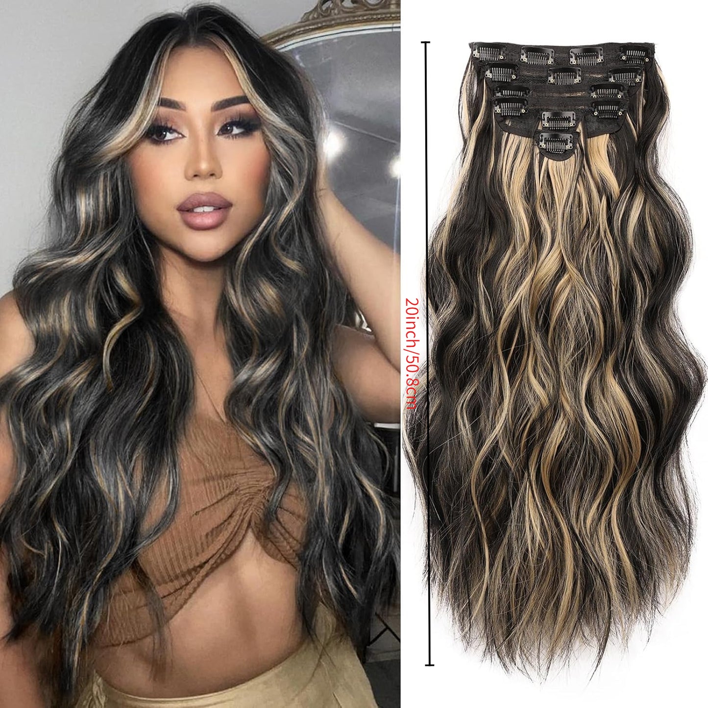 Clip in Hair Extensions for Women 20 Inch Long Wavy Curly Ginger Orange Hairpieces Full Head Synthetic Hair Hairpieces