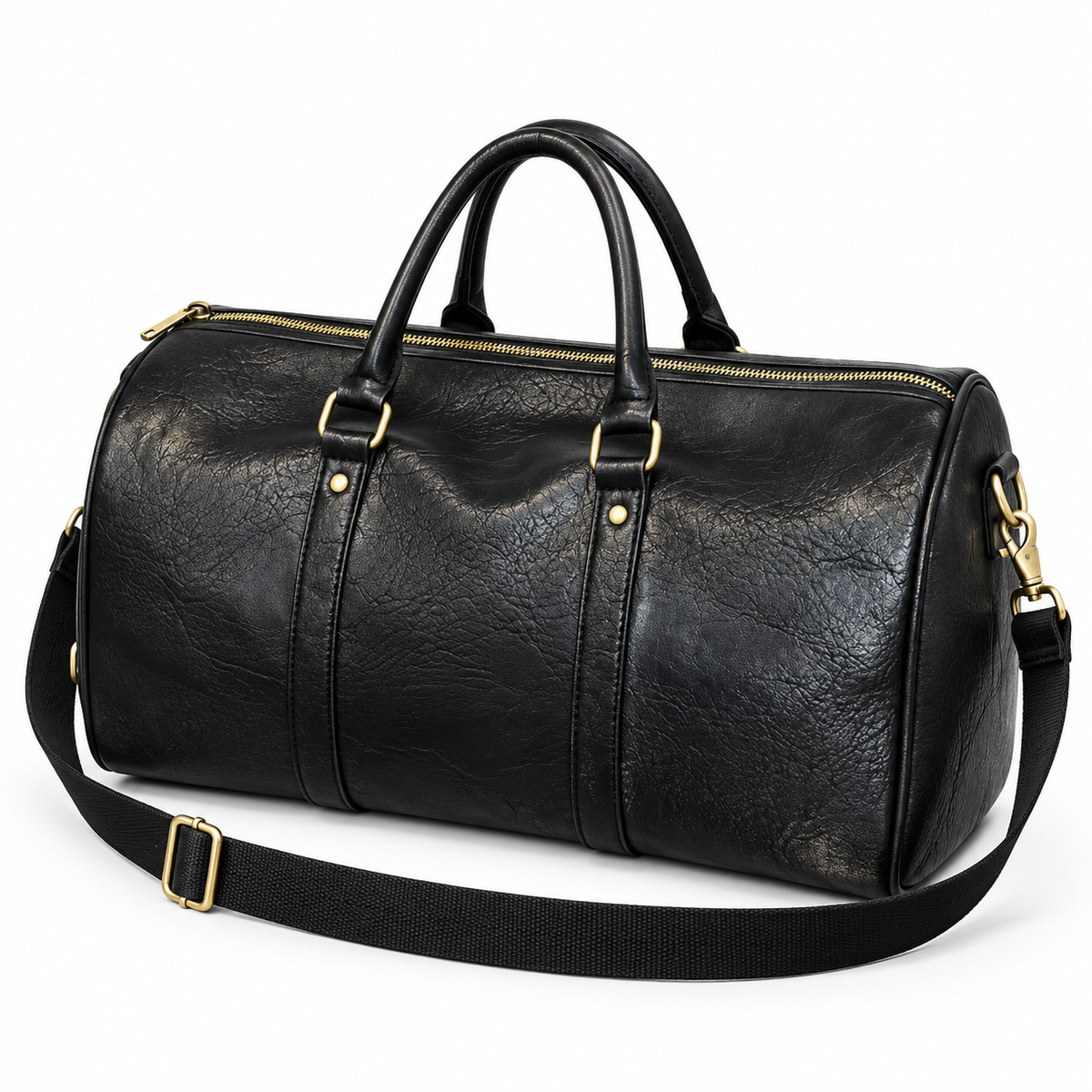 Classic Black Leather Travel Duffel Bag