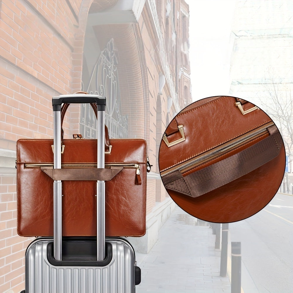 Premium Genuine Leather 15.6" Business Laptop Bag for Women - Light Brown, Adjustable Shoulder Strap
