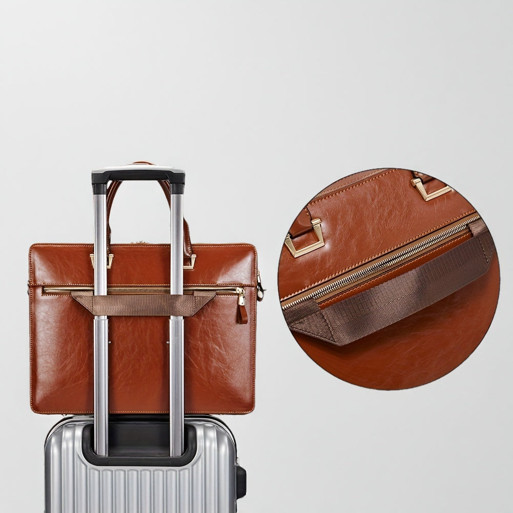 Premium Genuine Leather 15.6" Business Laptop Bag for Women - Light Brown, Adjustable Shoulder Strap