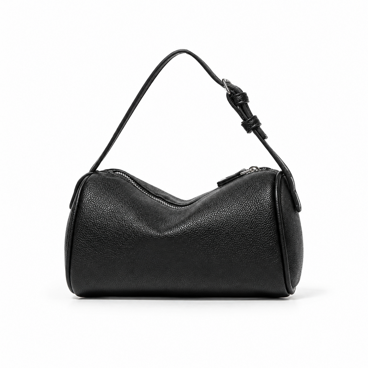 Black Pebbled Leather Barrel Shoulder Bag