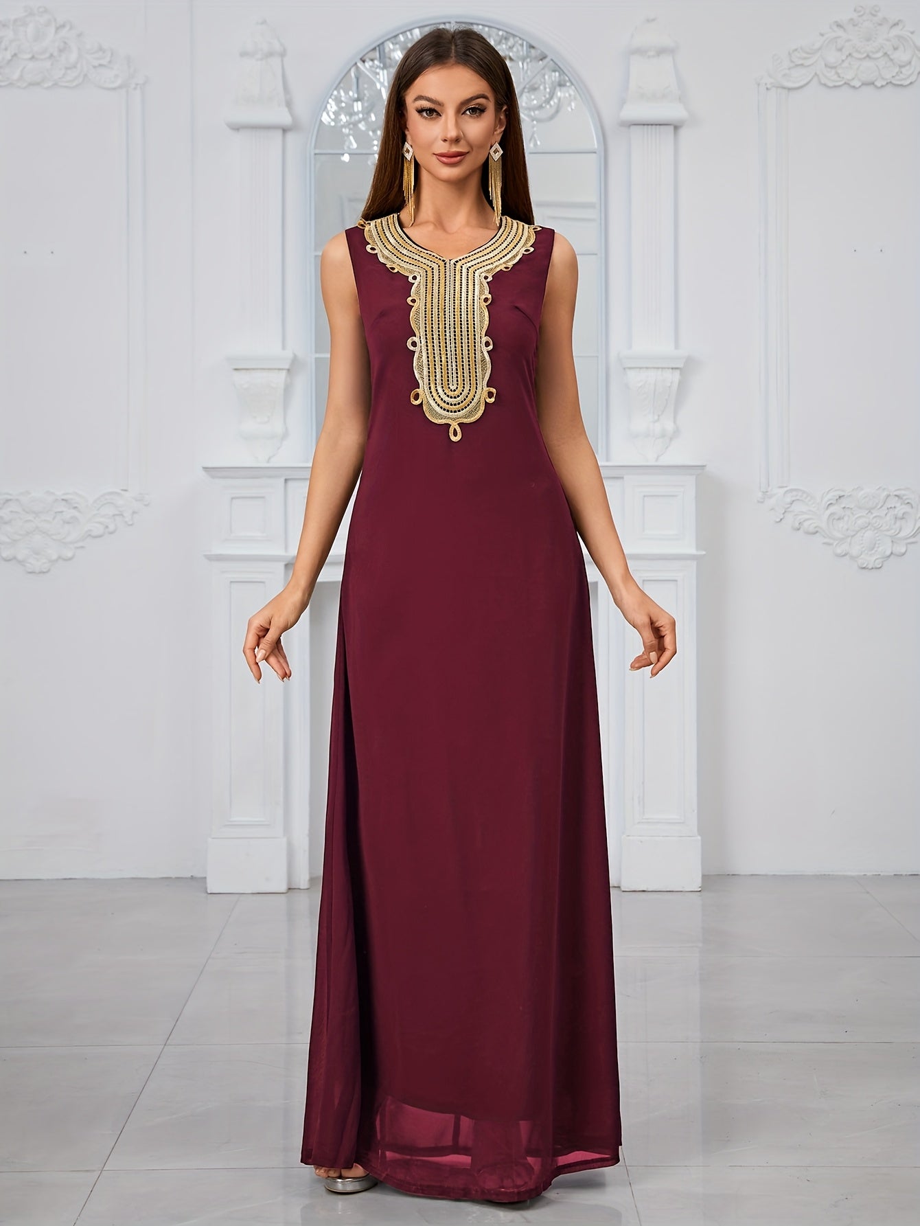 Elegant Women's Embroidered Lace Evening Dress Gown - Maroon & Golden Two-Piece Set with Intricate Lace Detailing, Perfect for Formal Events, Formal Evening Wear|Lace Embroidery|Elegant Gown Abaya