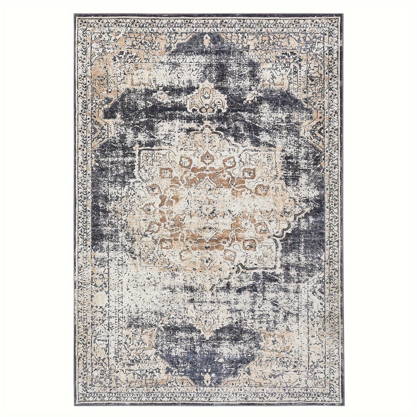 Oriental Medallion Printed Medium Area Rug, Low Profile Pile Rubber Backing Indoor Vintage Rugs, Ideal for Living Room Dining Room Bedroom Office, Beige
