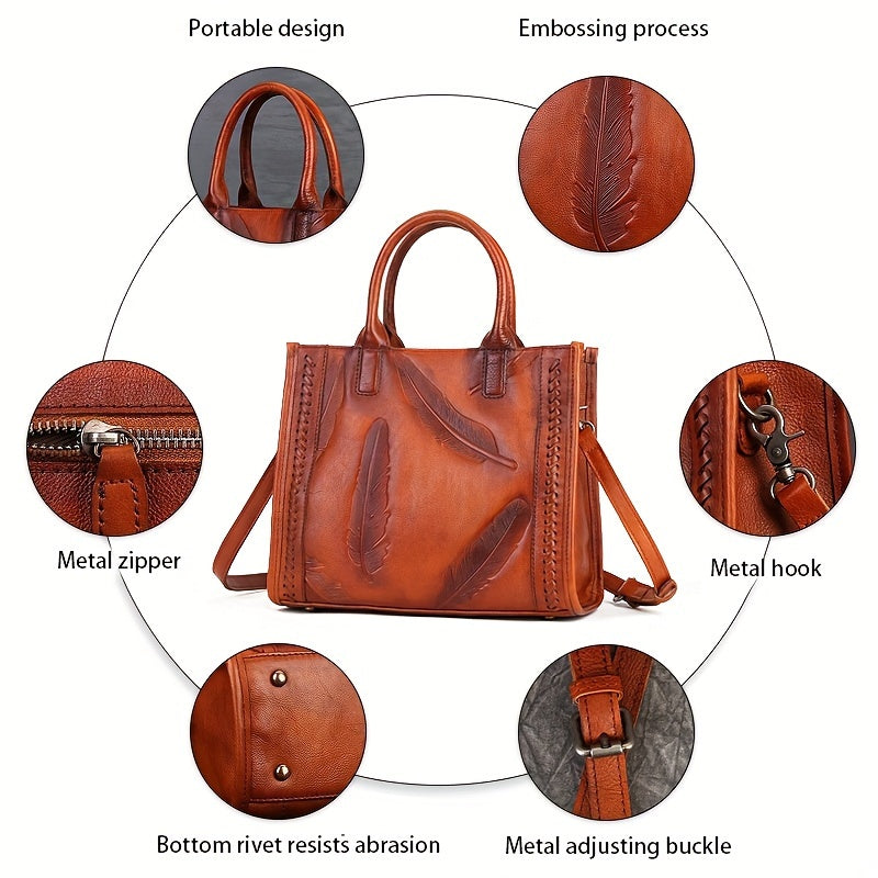 Vintage-Style Leather Tote Bag With Sling Strap, Large Capacity Handbag For Women