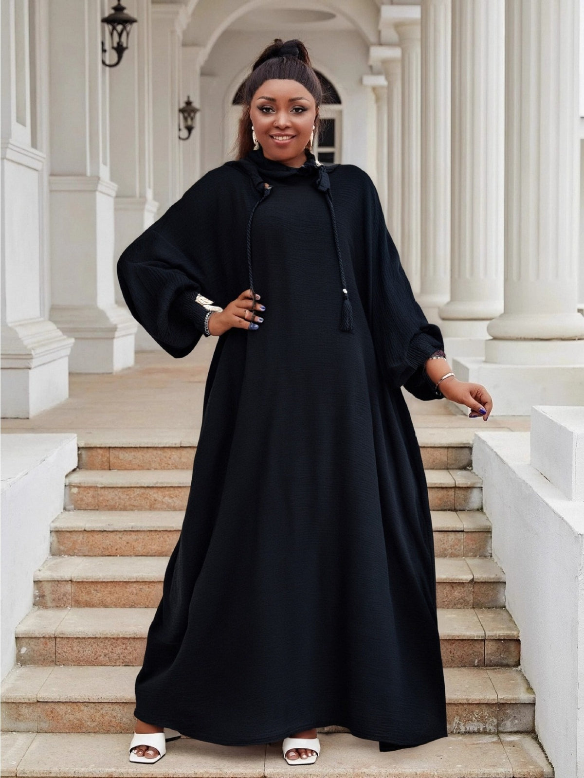 Plus Size Women's Hooded Long Sleeve Abaya - Oversized Loose Fit Solid Color Casual Elegant Gown, Machine Washable All-Season Comfort for Casual Attire, Leisure Outfit