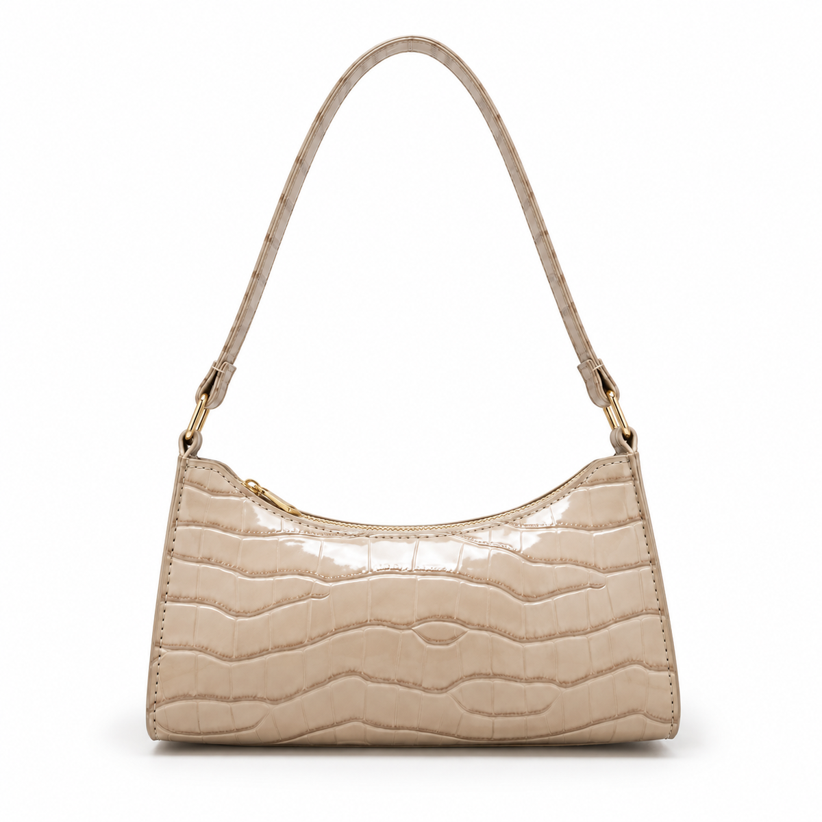 Glossy Croc Embossed Beige Shoulder Bag