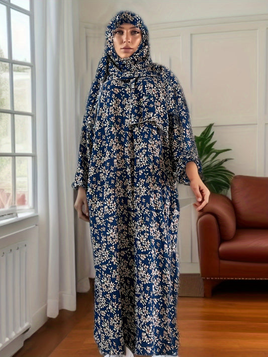 Ramadan Plus Size Floral Print Modest Jibab Abaya Dress, Modest Long Sleeve Maxi Dress With Hijab, Women's Plus Size Clothing