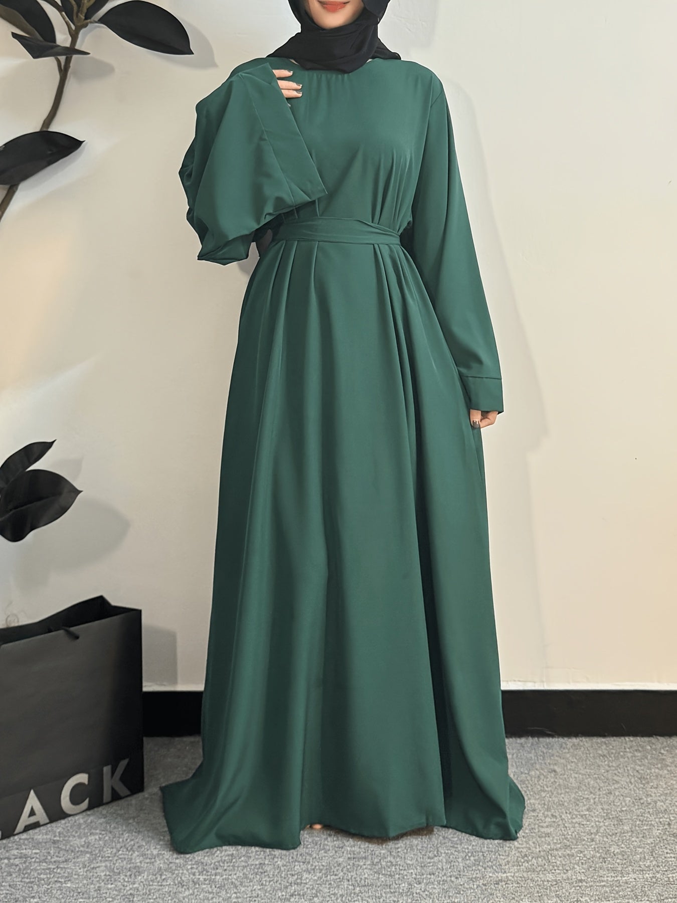 Women's Long Polyester Palestinian Abaya Kaftan with Belt - 100% Polyester, Solid Color, Regular Long Sleeve, Loose Fit, H-Contour, Woven, Non-Stretch, All Seasons, Full-Length Islamic Prayer Dress