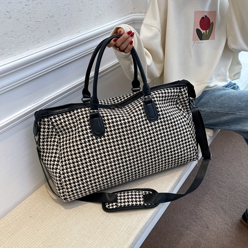 Large Capacity Houndstooth Pattern Sports Bag, Versatile Travel Duffel Luggage Handbag, Trendy Overnight Bag