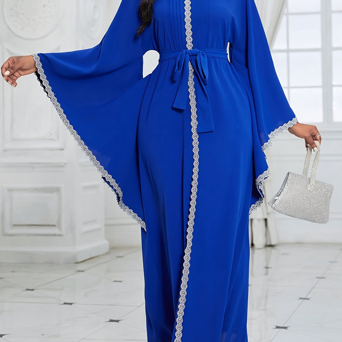 Women's Middle Eastern-Inspired Geometric Print Pakistani Abaya - Long Sleeve Belted Waist Floor-Length Dress with Pockets, Breathable Fabric for Spring/Summer