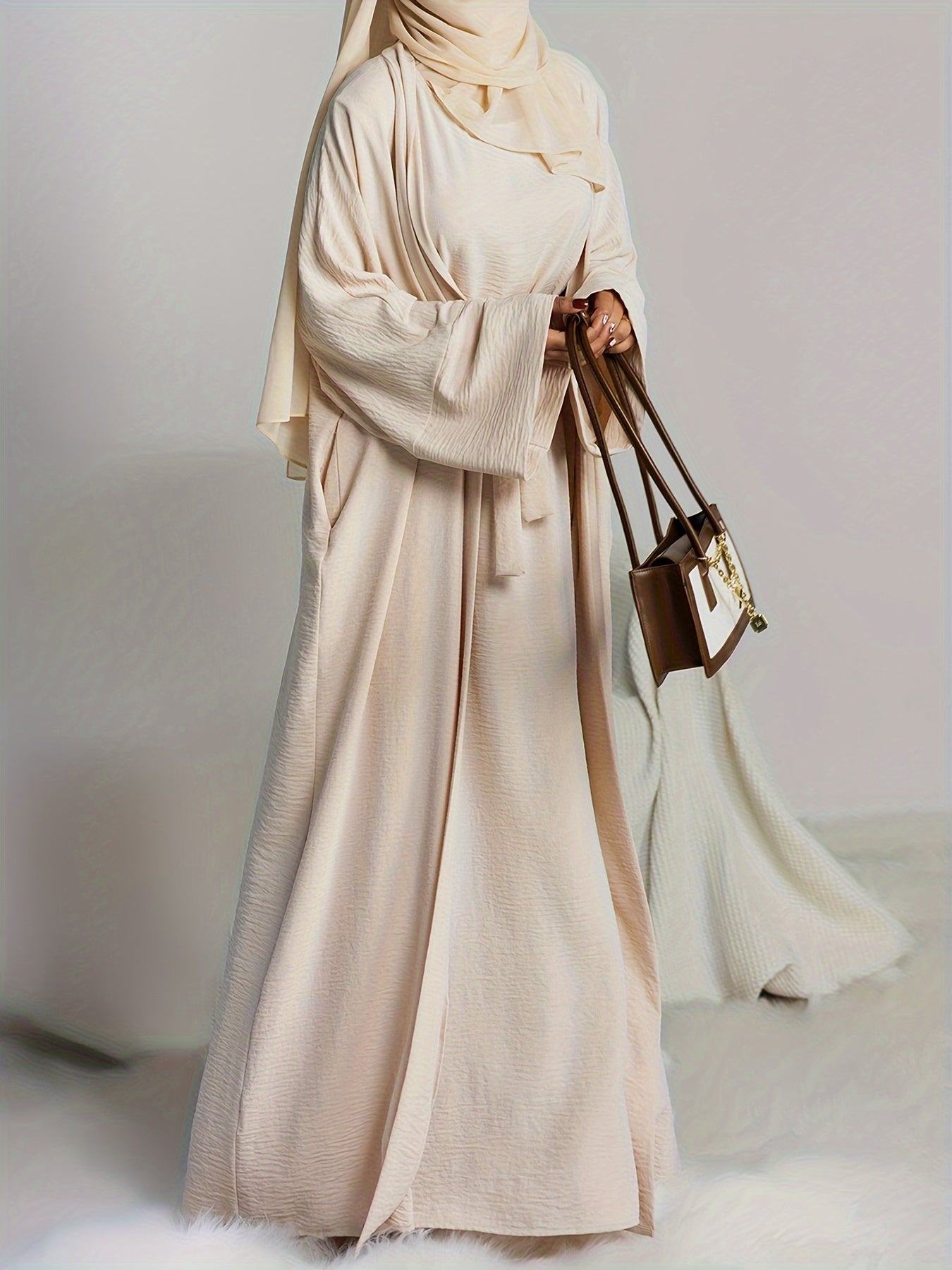 Muslim Lady 2pcs Arabic Abaya Set Eid Abaya Inner+open Abaya With Pocket