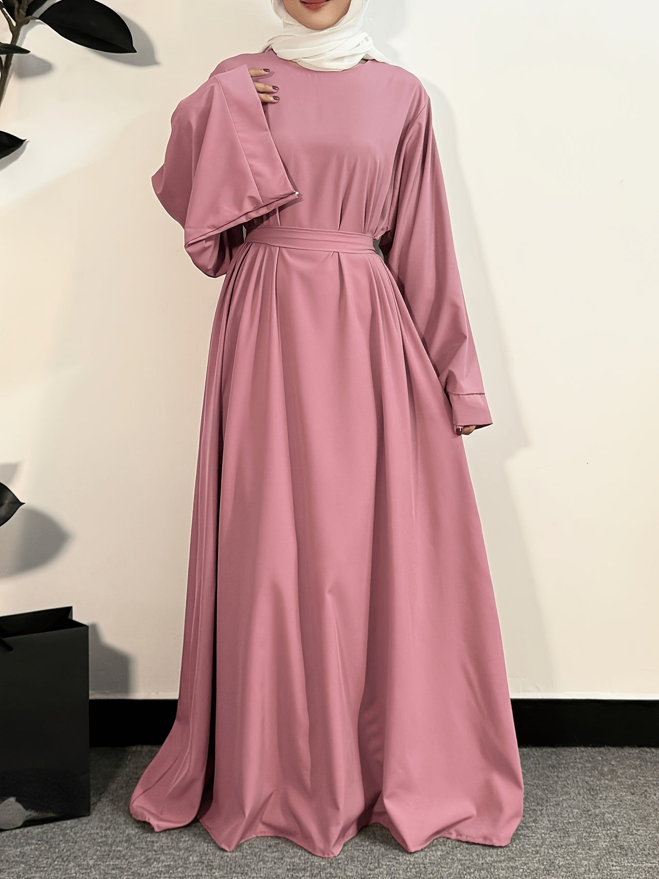 Women's Long Polyester Palestinian Abaya Kaftan with Belt - 100% Polyester, Solid Color, Regular Long Sleeve, Loose Fit, H-Contour, Woven, Non-Stretch, All Seasons, Full-Length Islamic Prayer Dress
